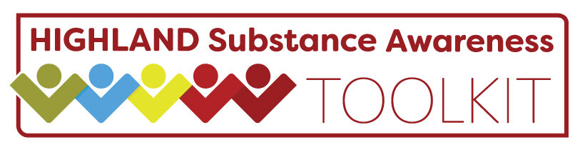 Landscape version of the Highland Substance Awareness Toolkit website. The words HIGHLAND Substance Awareness are shown across the upper part of the logo with 5 coloured icons next to the word TOOLKIT. The icons are a circle above a V shape, designed to look like a person with arms raised in celebration.