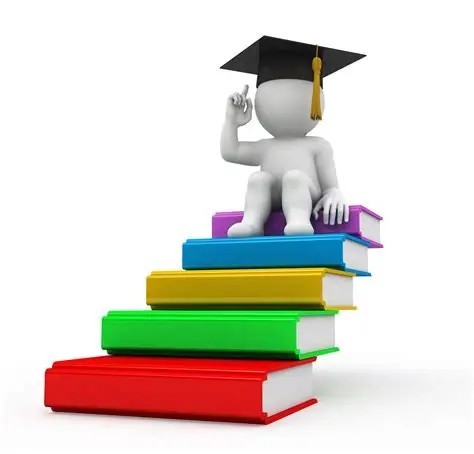 Different coloured textbooks stacked as a staircase with a animated person with a graduation hat on.
