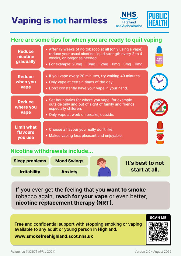 Public health infographic from NHS Highland presenting facts about vaping. Key points are: Short-term vape use can help quit smoking, but long-term risks are unknown; Vaping is less harmful than smoking tobacco; If you have never smoked, don't start vaping. It highlights that one 20mg (2%) vape pod contains the same amount of nicotine as 20 cigarettes. Vapes are toxic to the environment requiring special recycling, and their lithium batteries are a huge fire hazard. Side effects listed are nicotine addiction, throat irritation, dizziness and headaches, and coughing or shortness of breath.