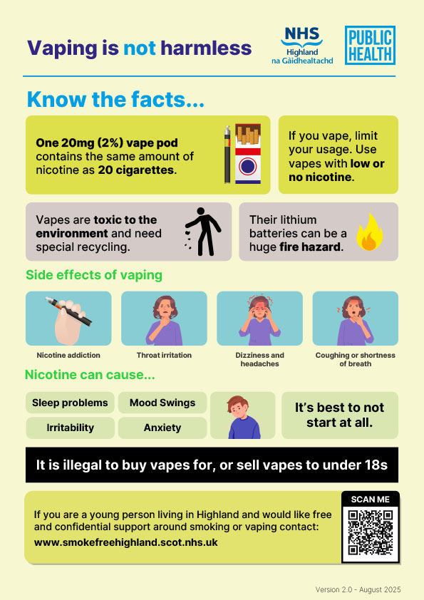 Public health infographic from NHS Highland titled 'Vaping is not harmless: Know the facts...' focused on youth. Key facts include: One 20mg (2%) vape pod contains the nicotine equivalent of 20 cigarettes; users should limit usage and use low or no nicotine vapes. It warns that vapes are toxic to the environment requiring special recycling, and their lithium batteries are a huge fire hazard. Side effects listed are Nicotine addiction, Throat irritation, Dizziness and headaches, and Coughing or shortness of breath. Nicotine withdrawal symptoms are listed as Sleep problems, Mood Swings, Irritability, and Anxiety. The graphic strongly advises, 'It's best to not start at all.' It explicitly states, 'It is illegal to buy vapes for, or sell vapes to under 18s,' and provides contact information for free and confidential support for young people in Highland.