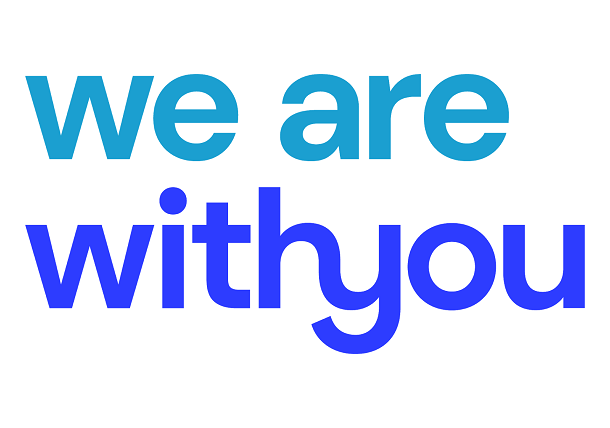 Image of text saying "We are with you" in teal & blue 